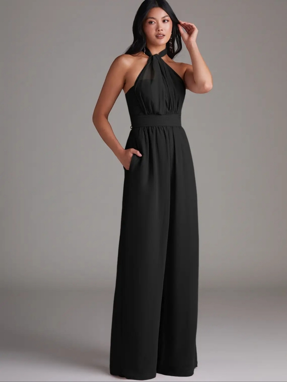 Azazie Lamara Off The Shoulder Chiffon Convertible Jumpsuit Black 10 Bridesmaid